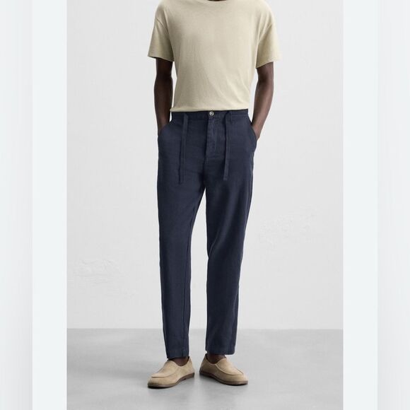 ZARA men’s trousers 30” waist tapered twill drawstring tie waist - Picture 1 of 7